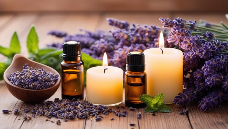 Aromatic essential oils with lavender flowers and candles.