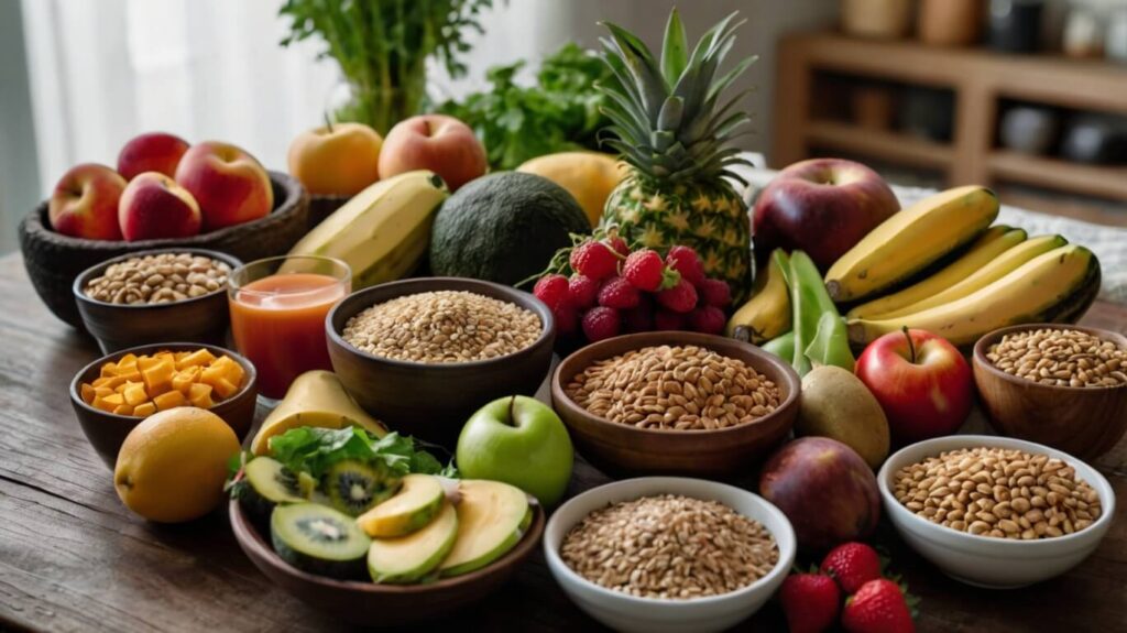 Balanced Diet for Weight Loss Fresh fruits, vegetables, whole grains, proteins, and healthy fats arranged on a table