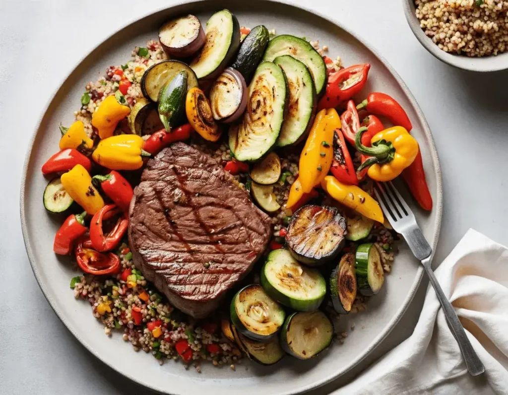 Balanced Sirloin Steak Meal Cooked sirloin steak with grilled vegetables and quinoa