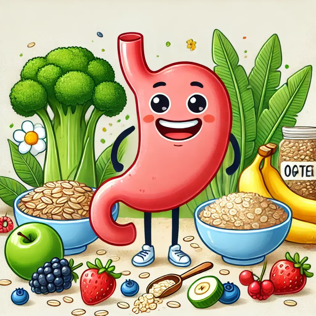 Better Digestion with Vegan Diet Illustration of a happy stomach surrounded by high-fiber foods like oats, berries, and leafy greens."