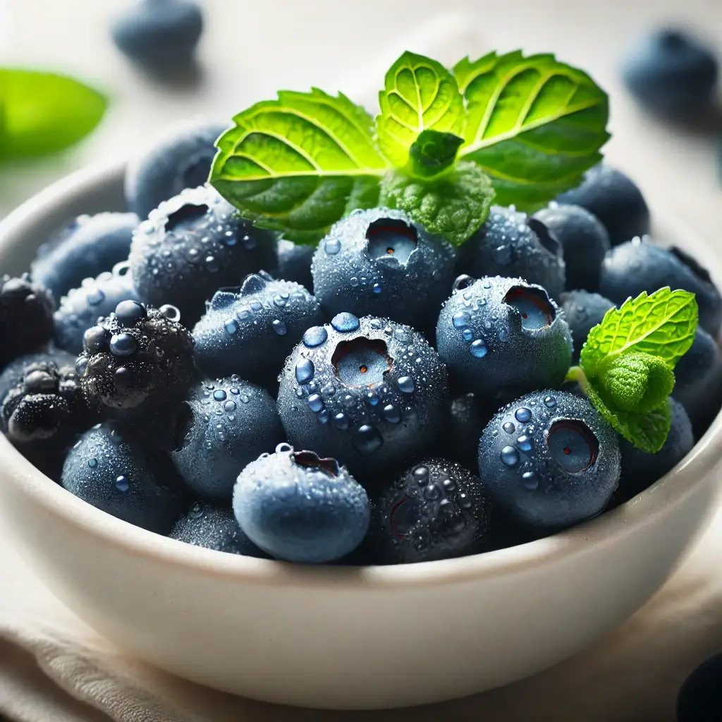 Fresh blueberries in a bowl with mint leaves.