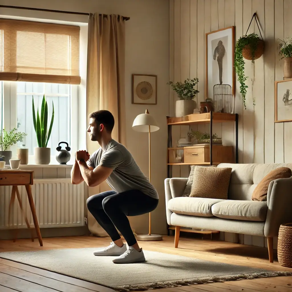 Bodyweight Squats for Beginners A person performing bodyweight squats in a living room as part of a strength training routine