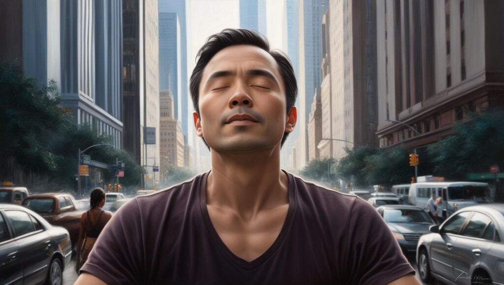 Breathing Mindfully Amidst the Chaos A person sitting cross-legged on a rooftop, eyes closed, practicing mindful breathing, with an urban skyline in the background.