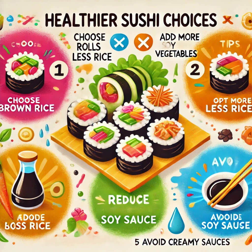 Calories in Popular Sushi Rolls Infographic of tips for making healthier sushi choices