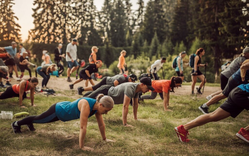 Community group of adults doing outdoor activities like hiking or exercising together.