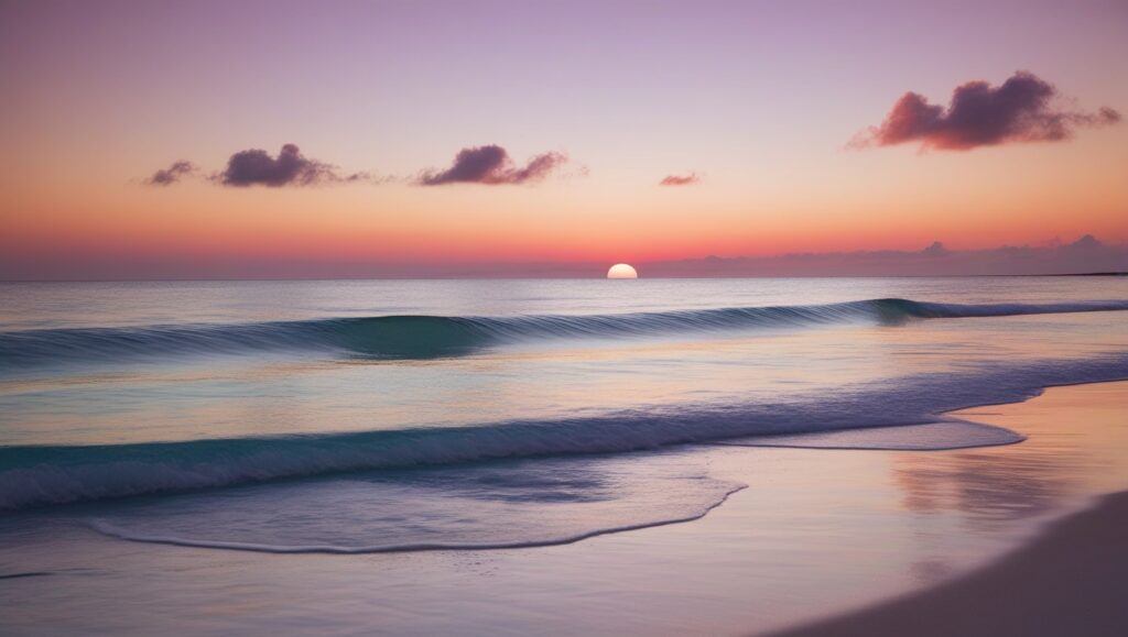 Creating Your Mental Sanctuary A beautiful beach with calm blue water, soft waves, and the sun setting on the horizon.