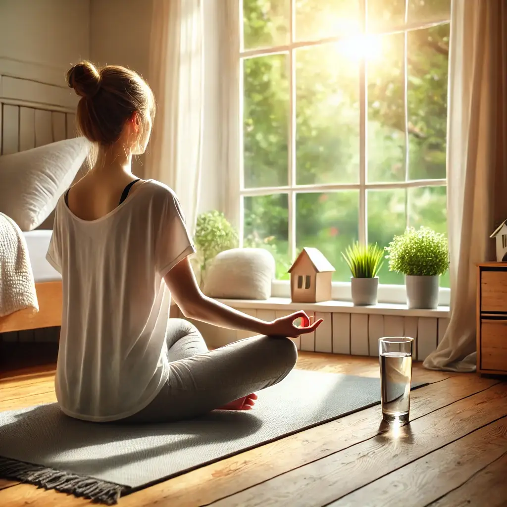 Person practicing mindfulness meditation on a yoga mat near a sunlit window, promoting mental wellness.