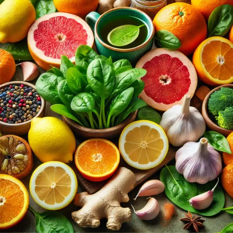 An assortment of immunity-boosting superfoods including citrus fruits, garlic, ginger, spinach, and green tea.