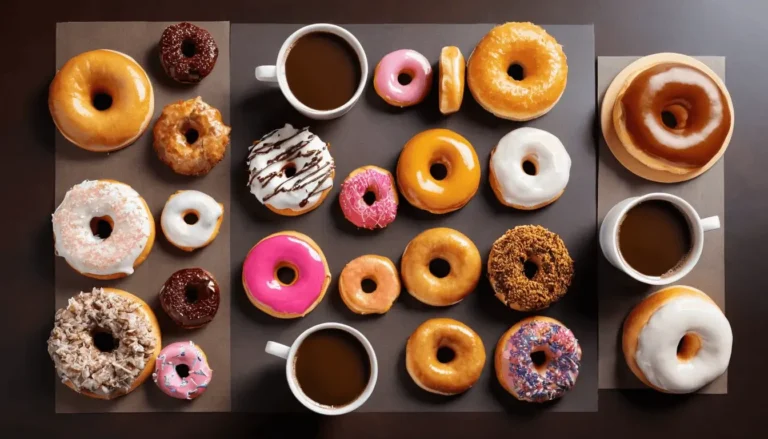 Dunkin' Donuts coffee cups, donuts, and breakfast sandwiches arranged on a table