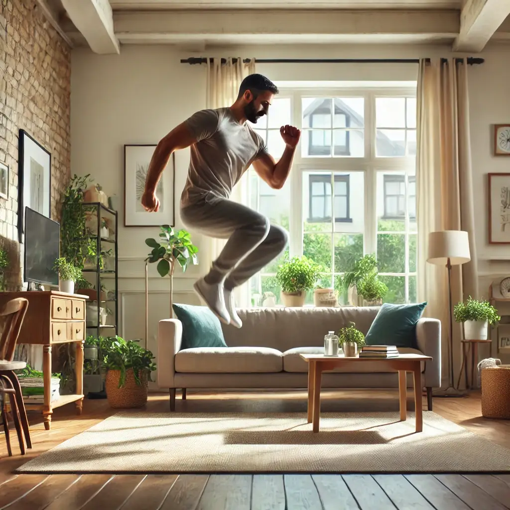 Effective Warm-Up Routine A person doing jumping jacks as part of a warm-up routine for a home workout.