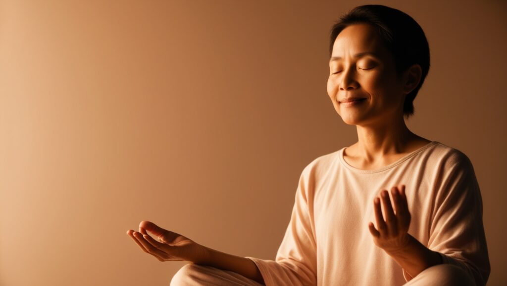Embracing Loving-Kindness A person sitting in a comfortable position, eyes closed, smiling peacefully while practicing loving-kindness meditation.