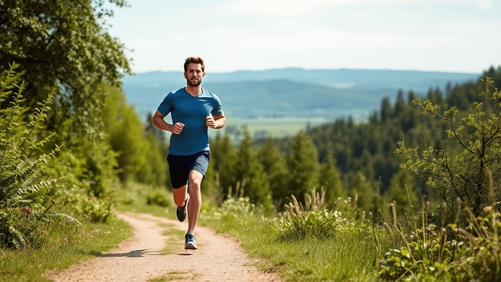 Exercise to Beat Stress (1) Person jogging on a scenic trail in nature.