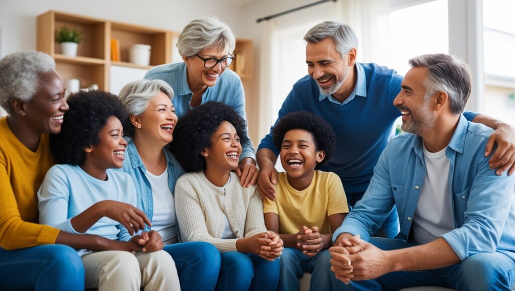 Family members of different generations sitting together, smiling, and enjoying quality time at home
