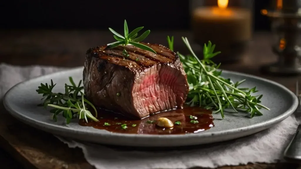 Filet Mignon with Herb Garnish Medium-rare filet mignon with herbs