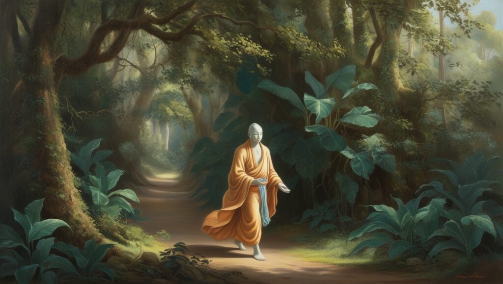 Finding Mindfulness in Motion A person walking slowly on a forest path, focusing on each step, surrounded by tall trees and dappled sunlight.