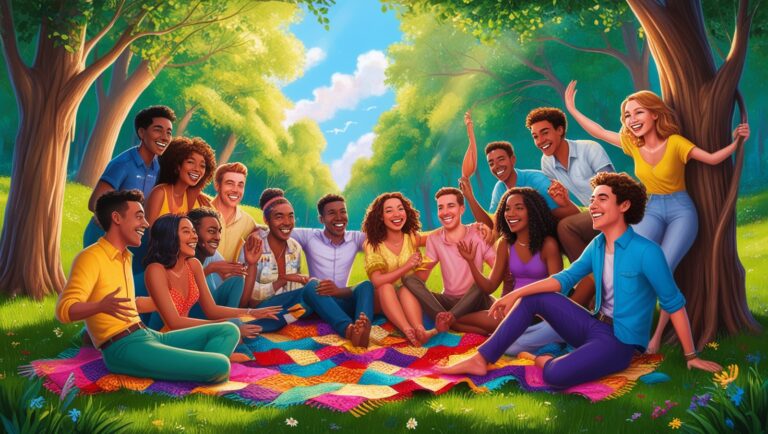 Group of friends spending time together in nature, laughing and enjoying each other's company.