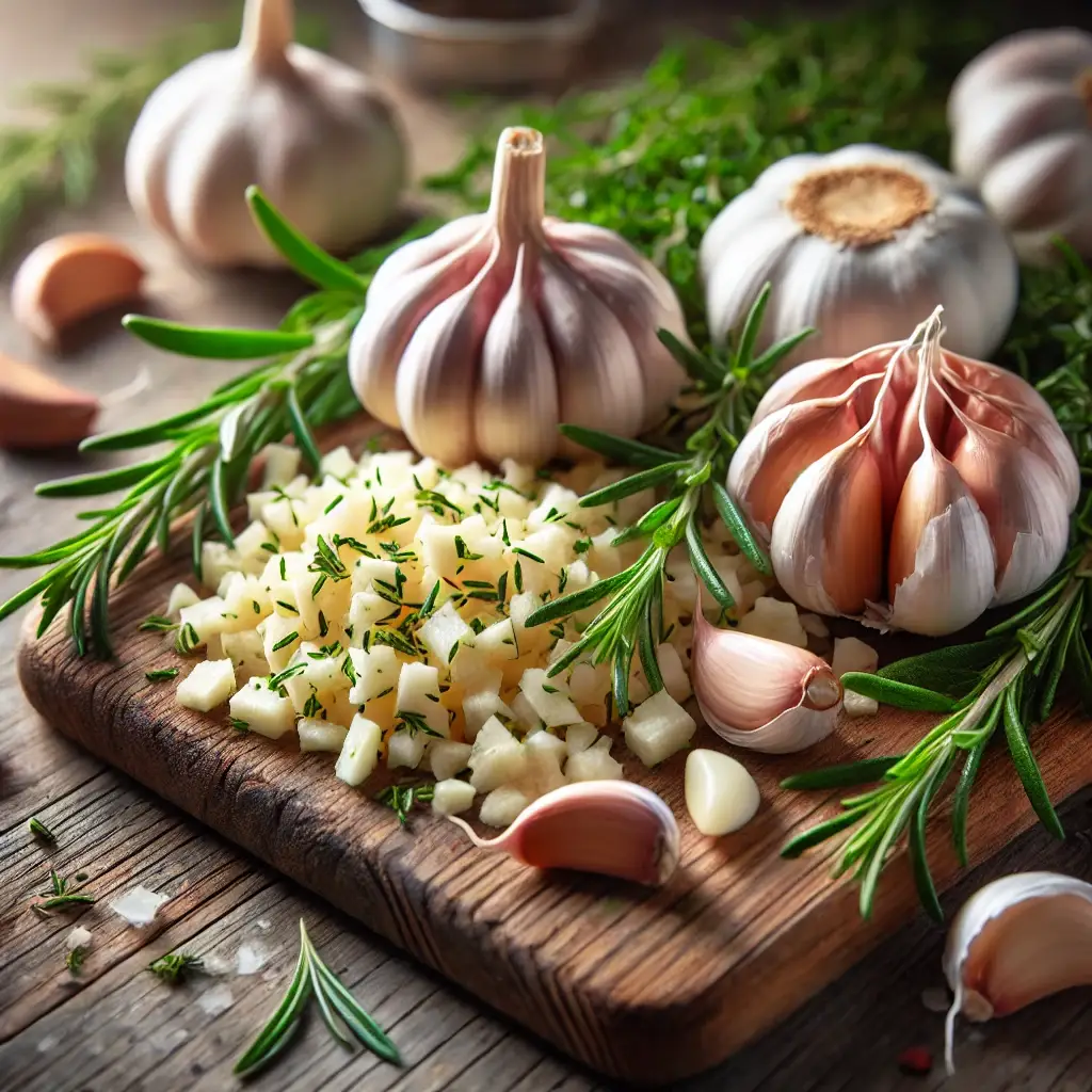 Chopped garlic on a cutting board with garlic bulbs.