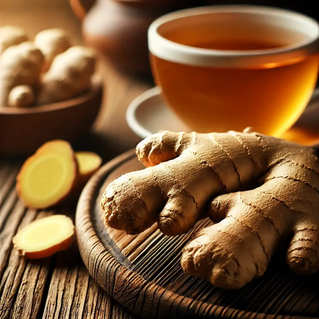  Fresh ginger root with a cup of ginger tea.