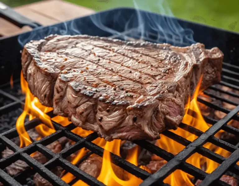 Sizzling sirloin steak on the grill with flames