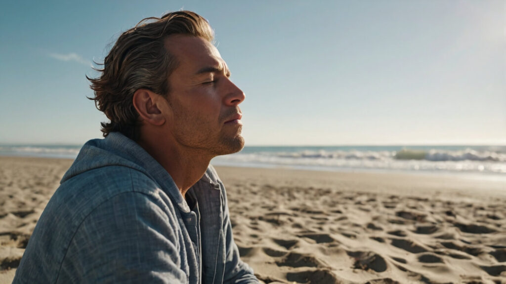 Person practicing guided imagery on a beach, visualizing a calm and peaceful environment.