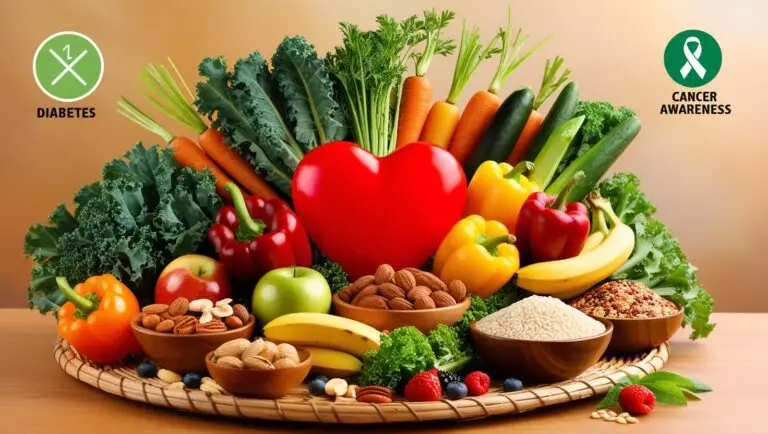 representing the health benefits of a vegan diet, including a healthy heart, various fresh vegetables, fruits, nuts, whole grains, and icons for reduced diabetes and cancer risk