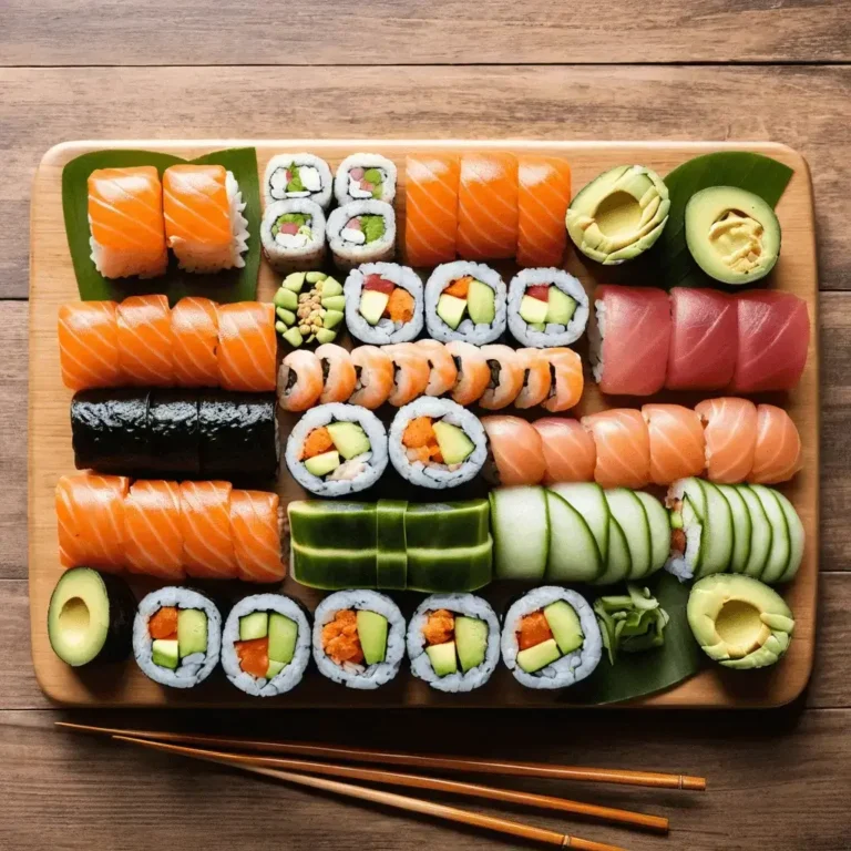 Variety of sushi rolls on a wooden platter showcasing healthy sushi nutrition