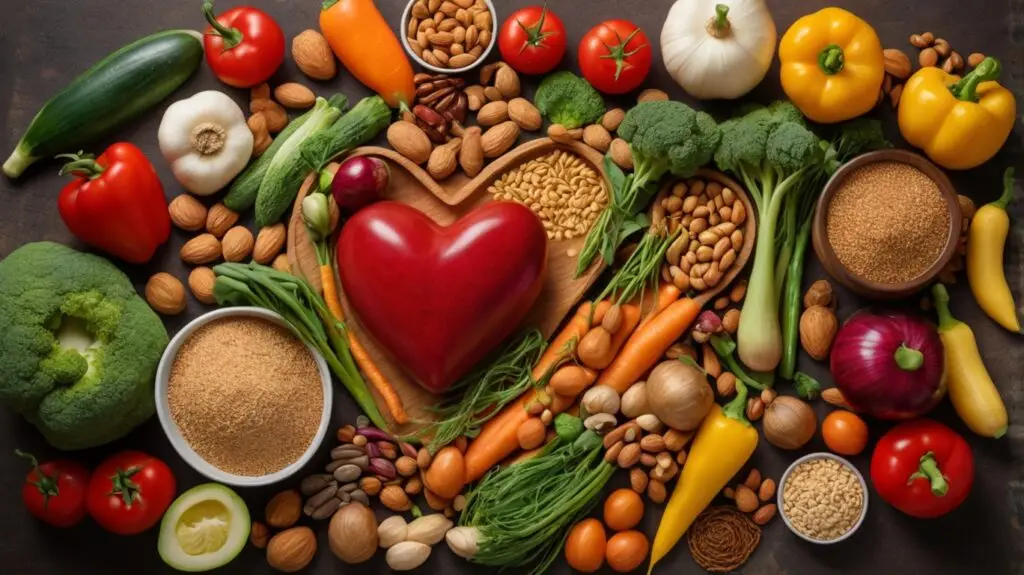 Heart Health and Vegan Diet Illustration of a healthy heart surrounded by fresh vegetables, nuts, and whole grains