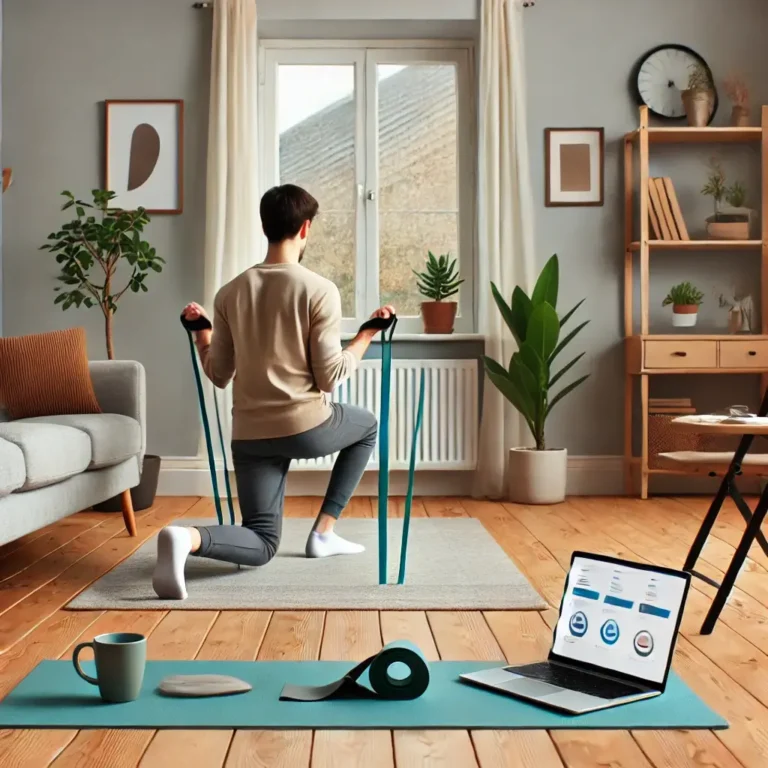 A person performing a home workout with a yoga mat and resistance bands in a cozy living room, representing a balanced home fitness routine.