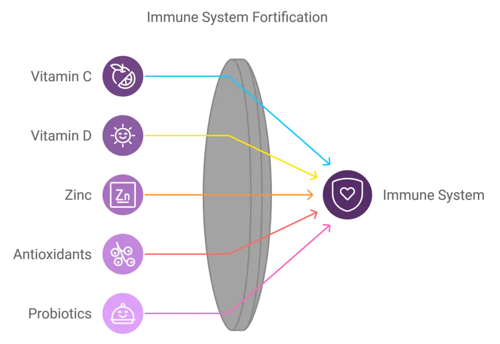 Diagram illustrating immune system fortification through Vitamin C, Vitamin D, Zinc, Antioxidants, and Probiotics.