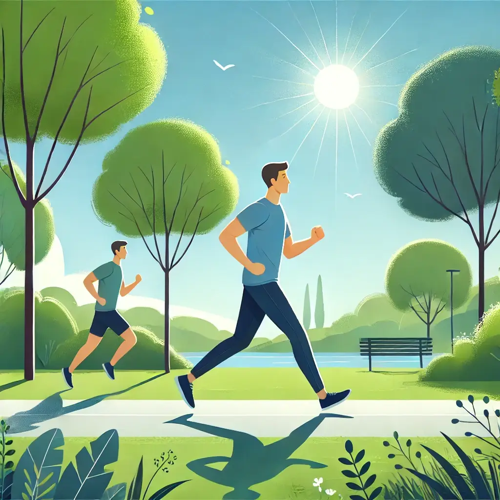 Jogging for Mental Wellness in Nature Person jogging in a sunny park surrounded by trees, representing the mental wellness benefits of physical activity.