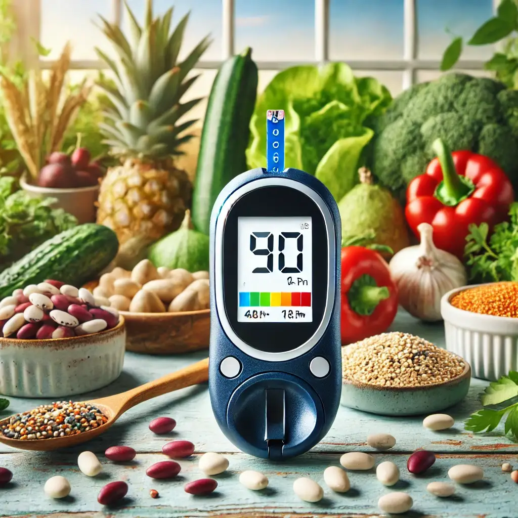 Lowering Diabetes Risk with a Vegan Diet Illustration of a glucometer with healthy blood sugar levels, surrounded by plant-based foods like beans and leafy greens.