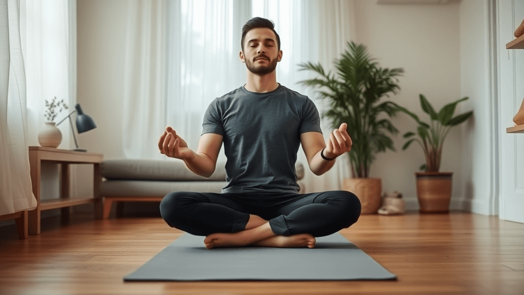 Meditation for a Calmer Mind (1) A person meditating on a yoga mat at home