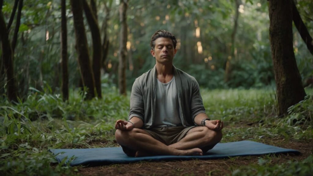 Person meditating outdoors surrounded by nature, practicing mindfulness