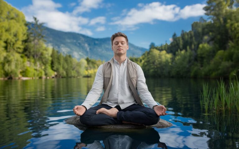 A man practicing mindfulness meditation on a rock in a serene lake setting, surrounded by lush greenery and mountains in the background.