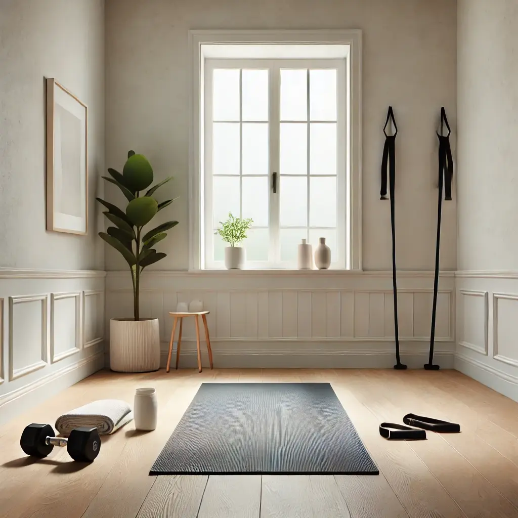 Minimal Home Workout Setup A clean and minimal home workout space with a yoga mat, resistance bands, and dumbbells
