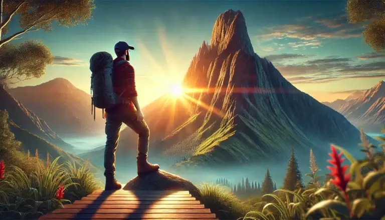 A determined person stands at the base of a tall mountain, ready to climb, with the sun rising behind the peak, symbolizing new opportunities and self-motivation.