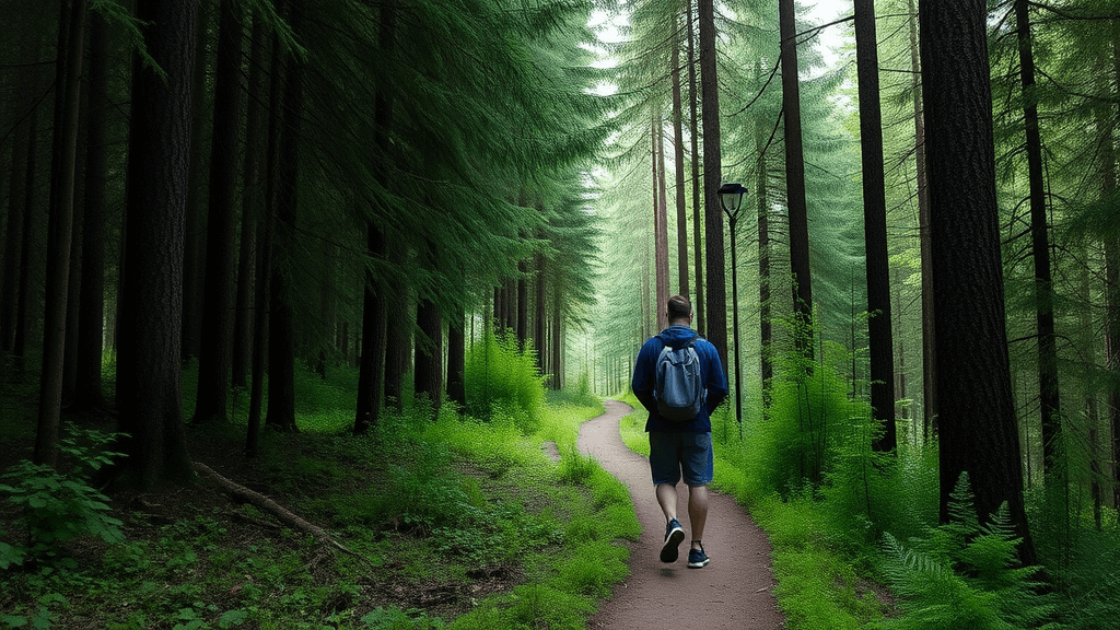 Nature Time for Stress Reduction (1) Person walking on a forest trail surrounded by tall trees.