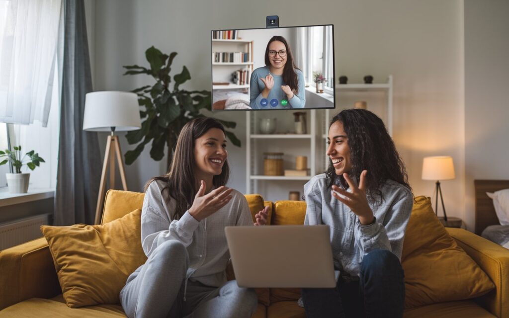 Two friends having a conversation through a video call on their laptops, smiling and laughing