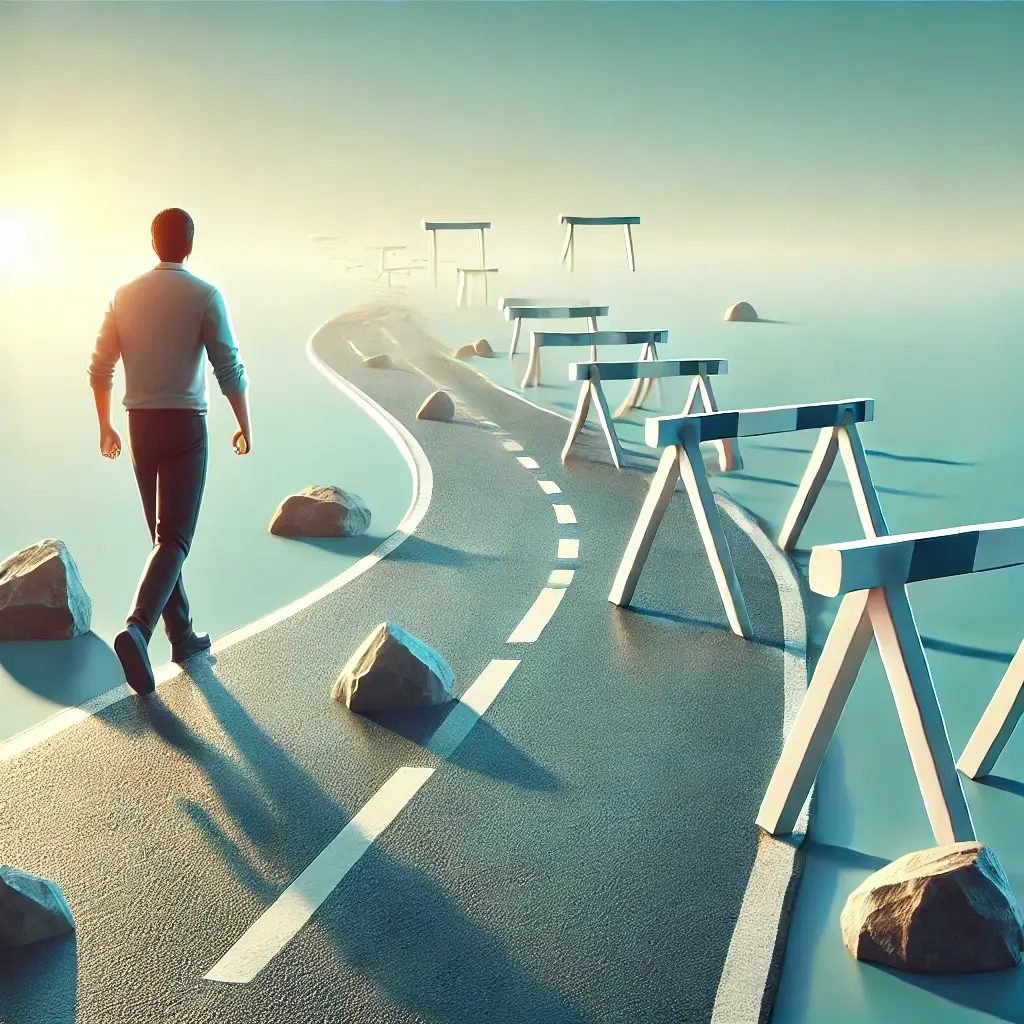 A person walking on a road with visible hurdles and obstacles, representing challenges faced in achieving long-term goals