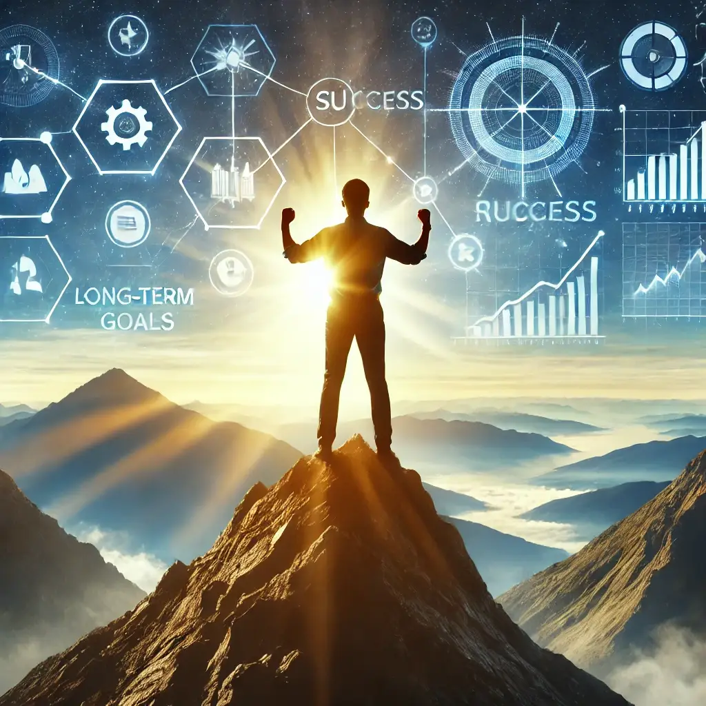 A person standing triumphantly at the top of a mountain with a sunrise, symbolizing the achievement of long-term goals through motivation and perseverance
