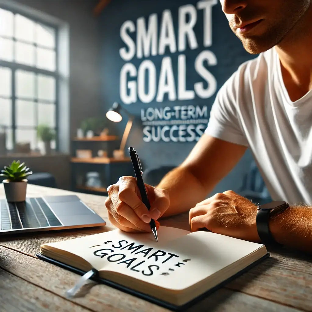 Person writing down SMART goals to achieve long-term success with a notebook and pen