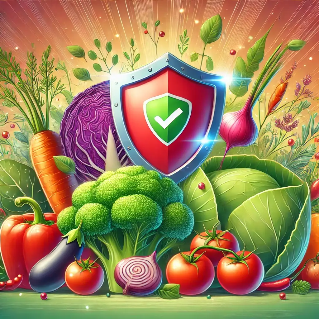 Reducing Cancer Risk with a Vegan Diet Vegetables with a protective shield symbol representing cancer risk reduction through a vegan diet.