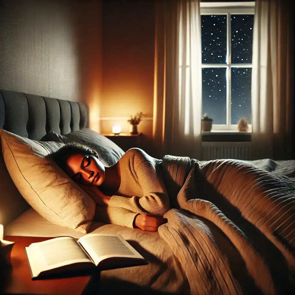 Restful Sleep for Mental Wellness Person peacefully sleeping in a cozy bedroom at night, with a book on the nightstand and starry night visible outside.