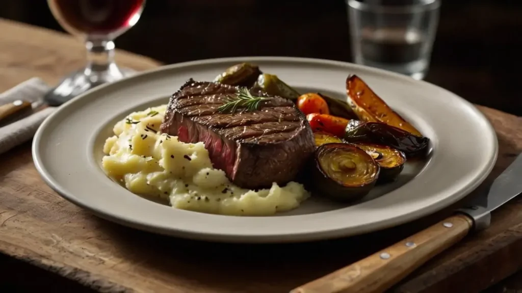 Sirloin Steak with Side Dishes Sirloin steak with roasted vegetables and mashed potatoes
