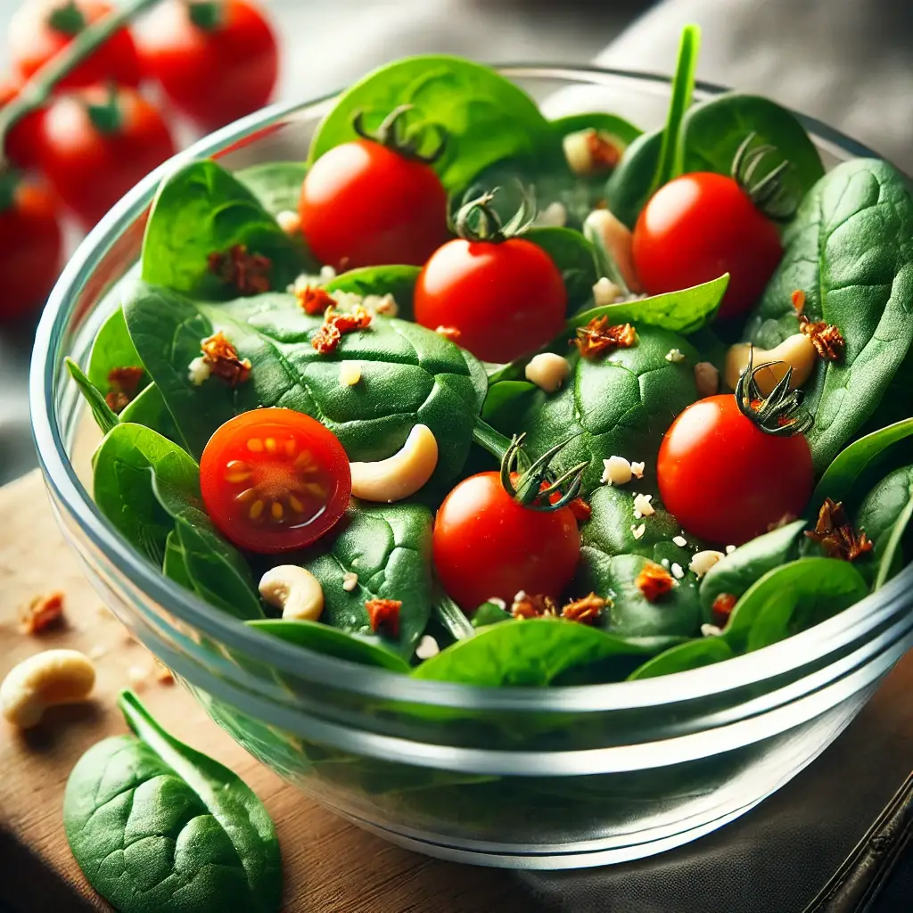 Fresh spinach salad with cherry tomatoes and nuts.
