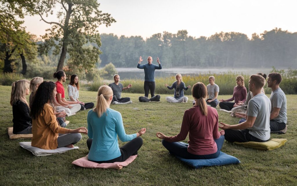 The Power of Collective Gratitude A diverse group of people sitting in a circle outdoors, smiling, with eyes closed, practicing gratitude meditation together