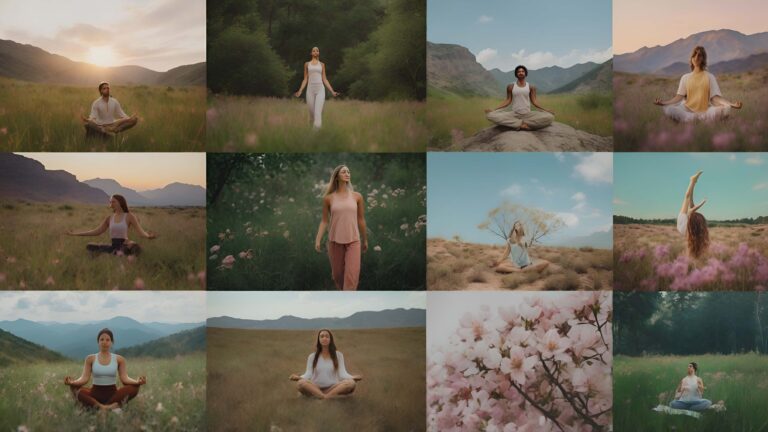 Collage of stress relief techniques including meditation, walking in nature, aromatherapy, and creativity