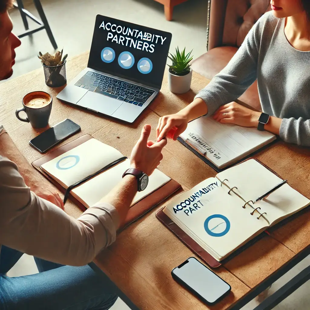 Two people discussing progress as accountability partners with notebooks and laptops, representing collaboration in staying motivated for long-term goals