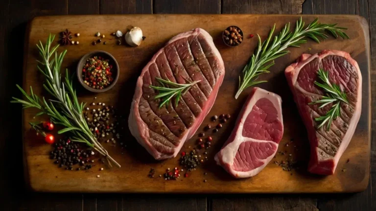 nutrition facts of steak: Collage of different steak cuts on a wooden board with seasonings