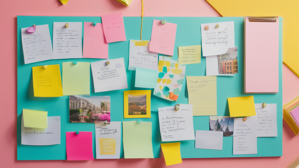 Vision board with sticky notes, images, and goals for motivation.